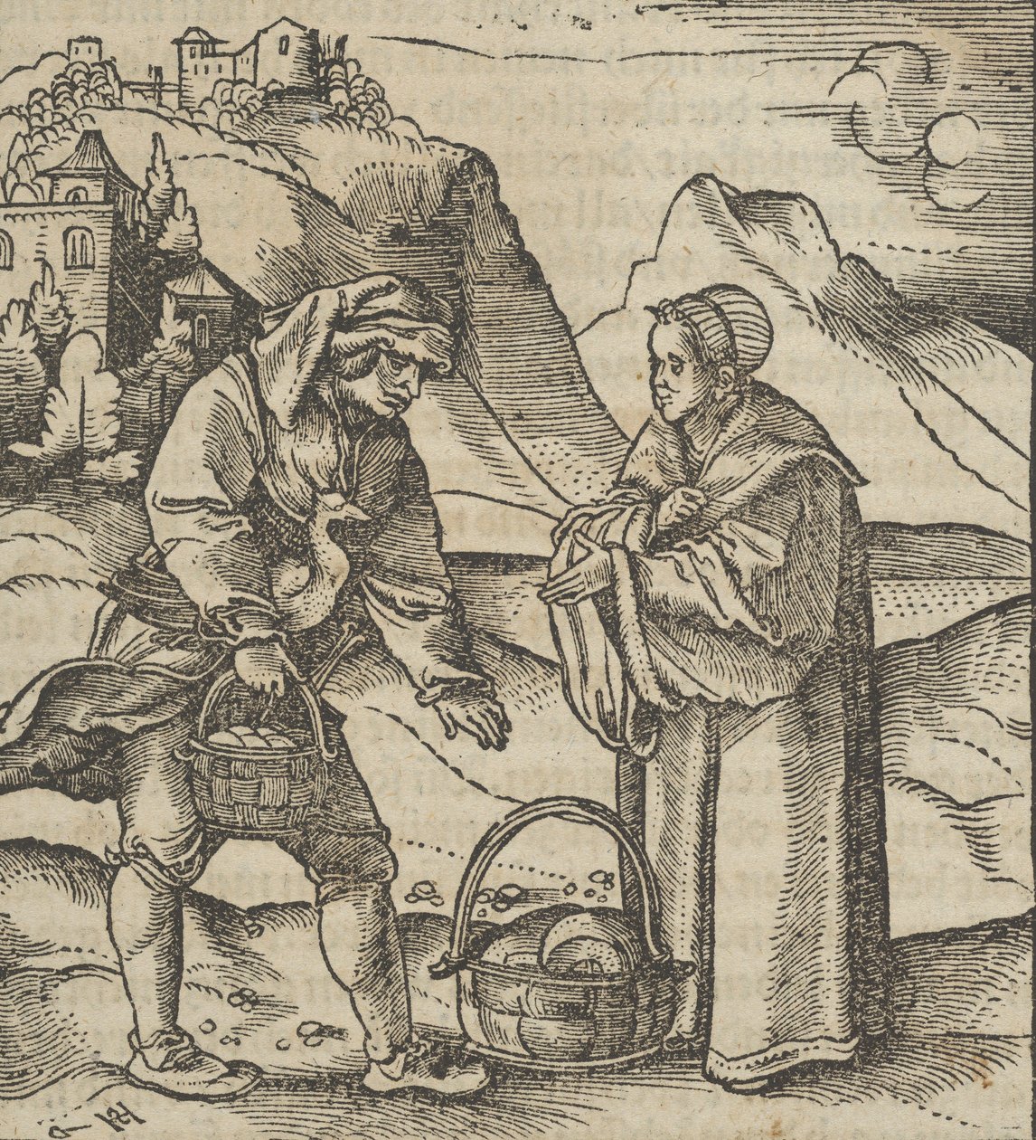 Maanviljelijä ja hänen suojelijansa, Hymmelwagen auff dem, wer wol leben..., 1517. tekijältä Hans Schäufelein the Elder