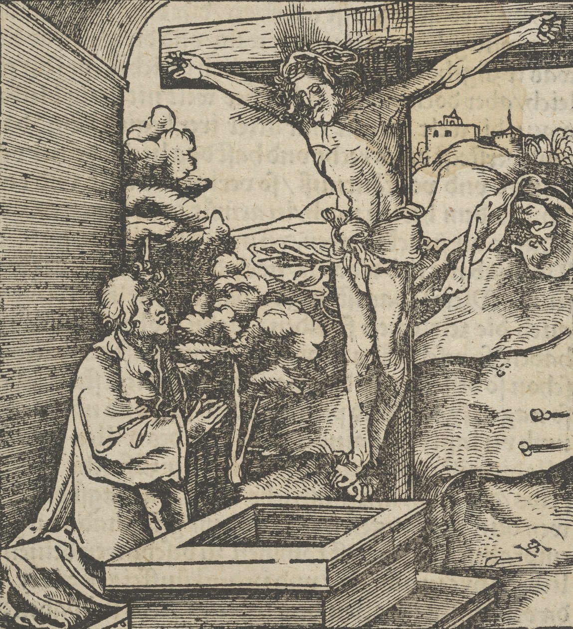 Mies rukoilemassa krusifiksin edessä, kirjasta Hymmelwagen auff dem, wer wol Leben..., 1517. tekijältä Hans Schäufelein the Elder
