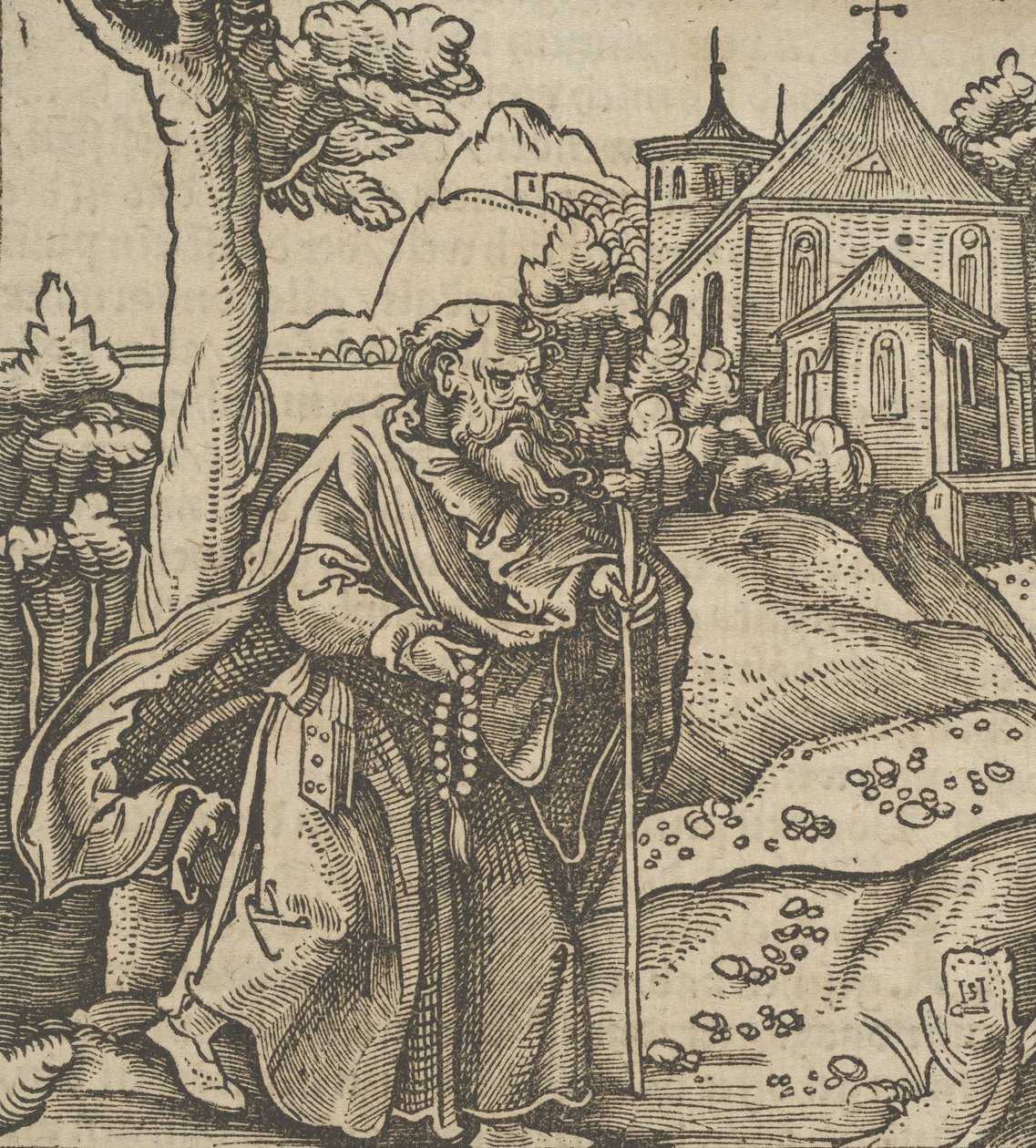 Vanha pyhiinvaeltaja kävelee oikealle, Hymmelwagen auff dem, wer wol Leben..., 1517. tekijältä Hans Schäufelein the Elder