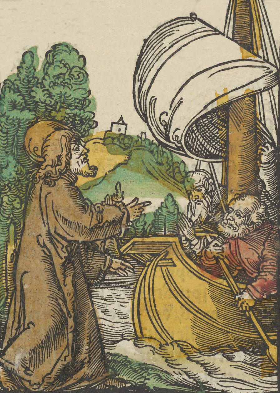 Kristus tyynnyttää myrskyn Tiberias-järvellä, Das Plenariumista, 1517. tekijältä Hans Schäufelein the Elder