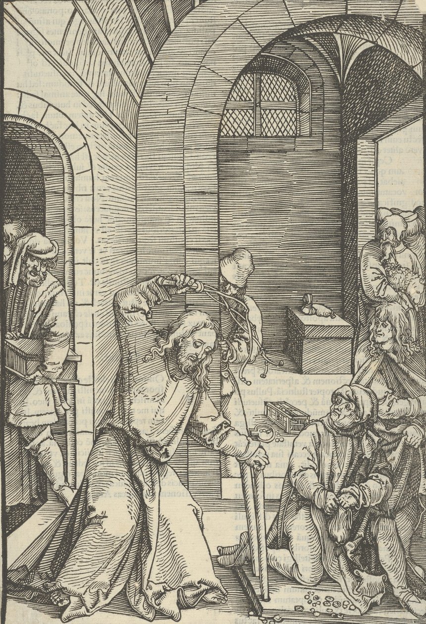 Kristus puhdistaa temppelin Herramme Jeesuksen Kristuksen kärsimyksen peilistä, 1507. tekijältä Hans Schäufelein the Elder