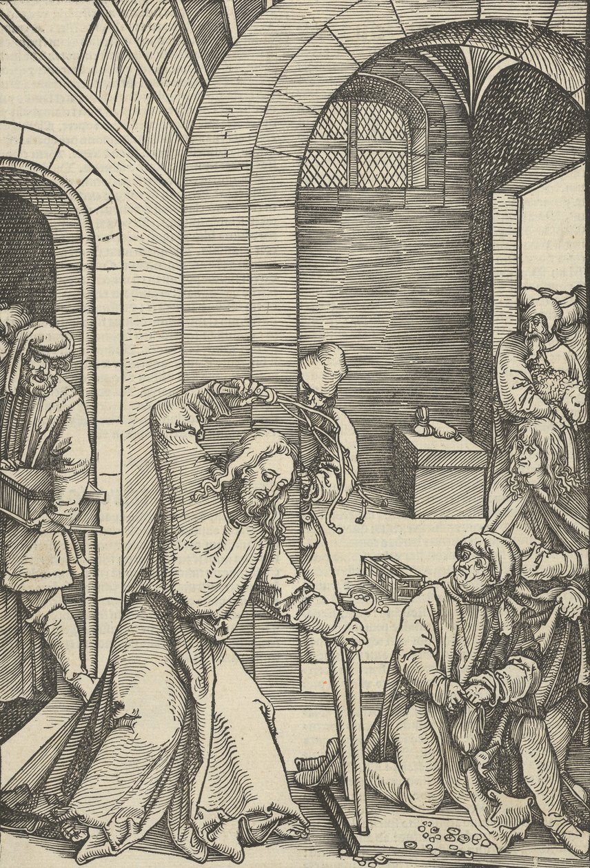 Kristus puhdistaa temppelin, Herramme Jeesuksen Kristuksen kärsimyksen peilistä, 1507. tekijältä Hans Schäufelein the Elder