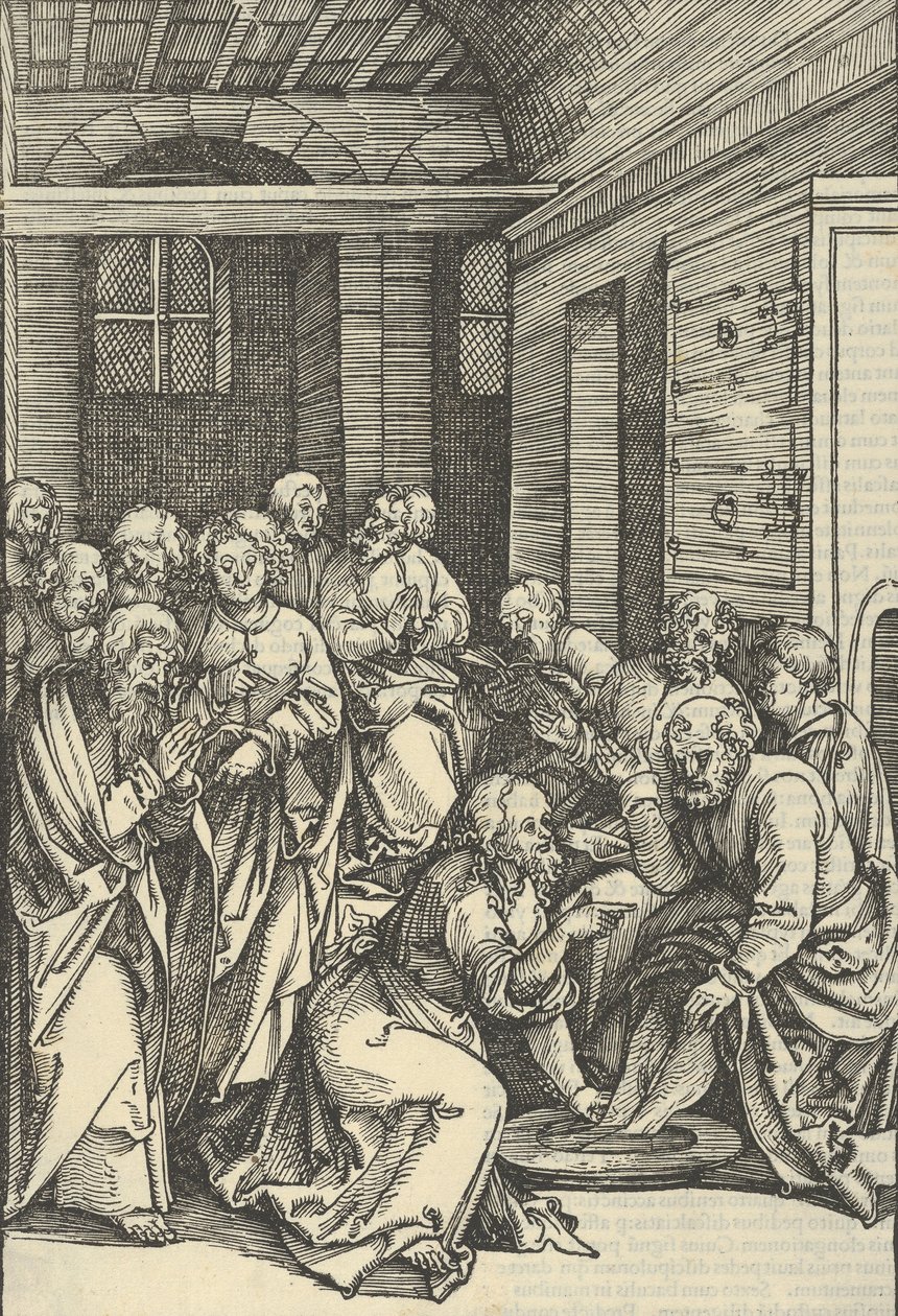 Kristus pesee Pietarin jalkoja, Herramme Jeesuksen Kristuksen kärsimyksen peilistä, 1507. tekijältä Hans Schäufelein the Elder