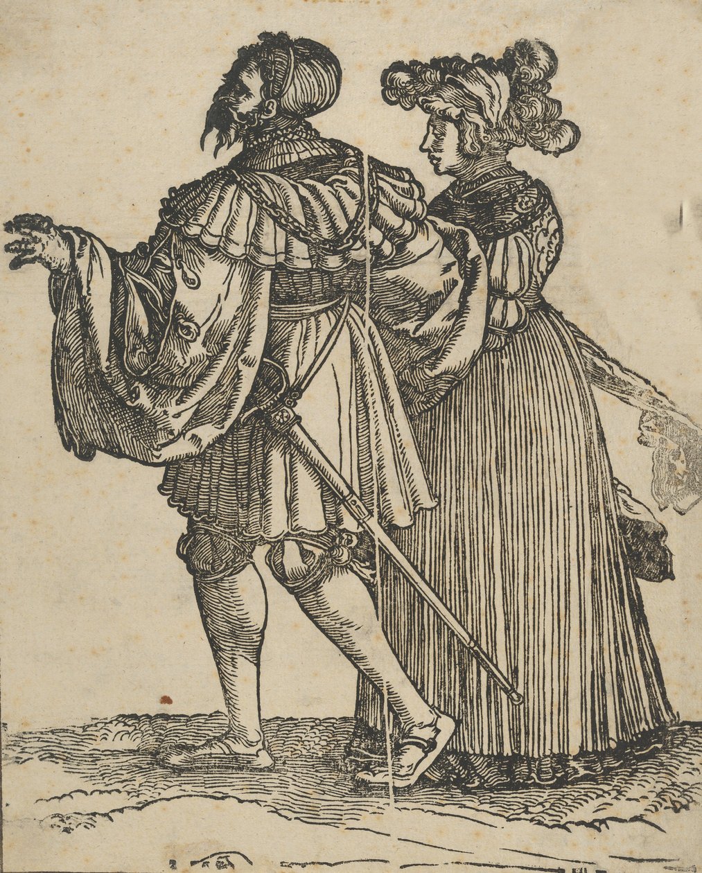 Pariskunta, joka kävelee vasemmalle VI, The Wedding Dancers -reskeistä. tekijältä Hans Schäufelein the Elder