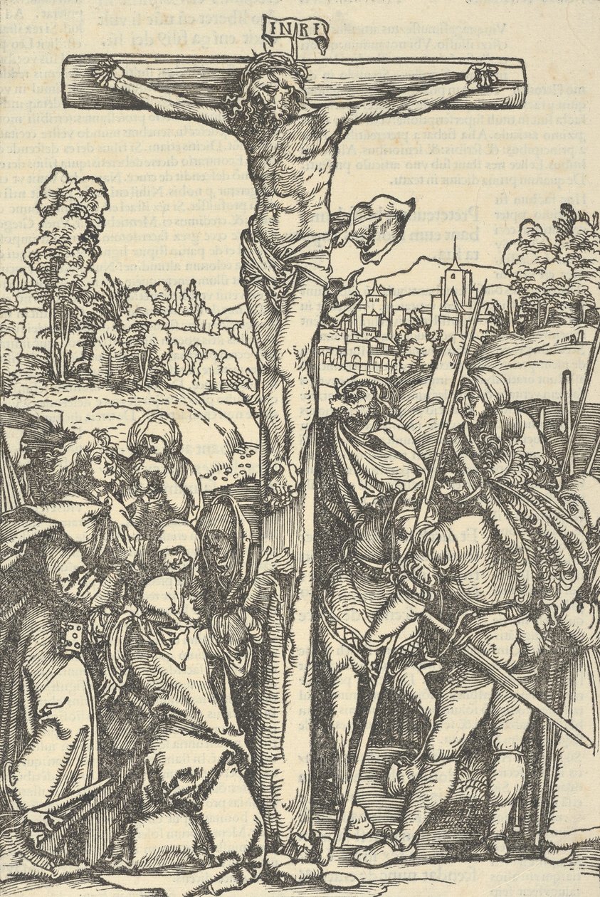 Ristiinnaulitseminen, julkaisusta The Decided Garden of the Rosary Marie, 1505. tekijältä Hans Schäufelein the Elder