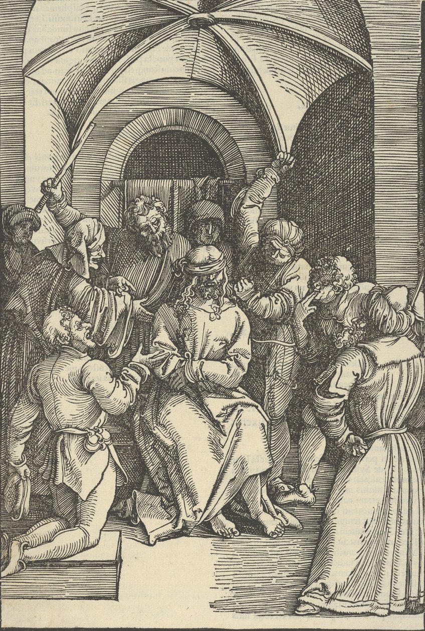 Kristuksen pilkkaaminen Herramme Jeesuksen Kristuksen kärsimyksen peilistä, 1507. tekijältä Hans Schäufelein the Elder