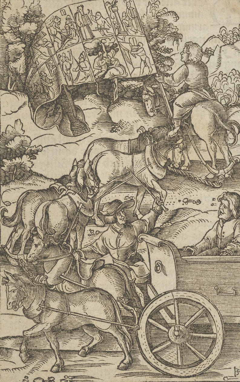 Hyveellinen mies vaunuissa matkalla taivaaseen, kirjasta Hymmelwagen auff dem, wer wol leb..., 1517. tekijältä Hans Schäufelein the Elder