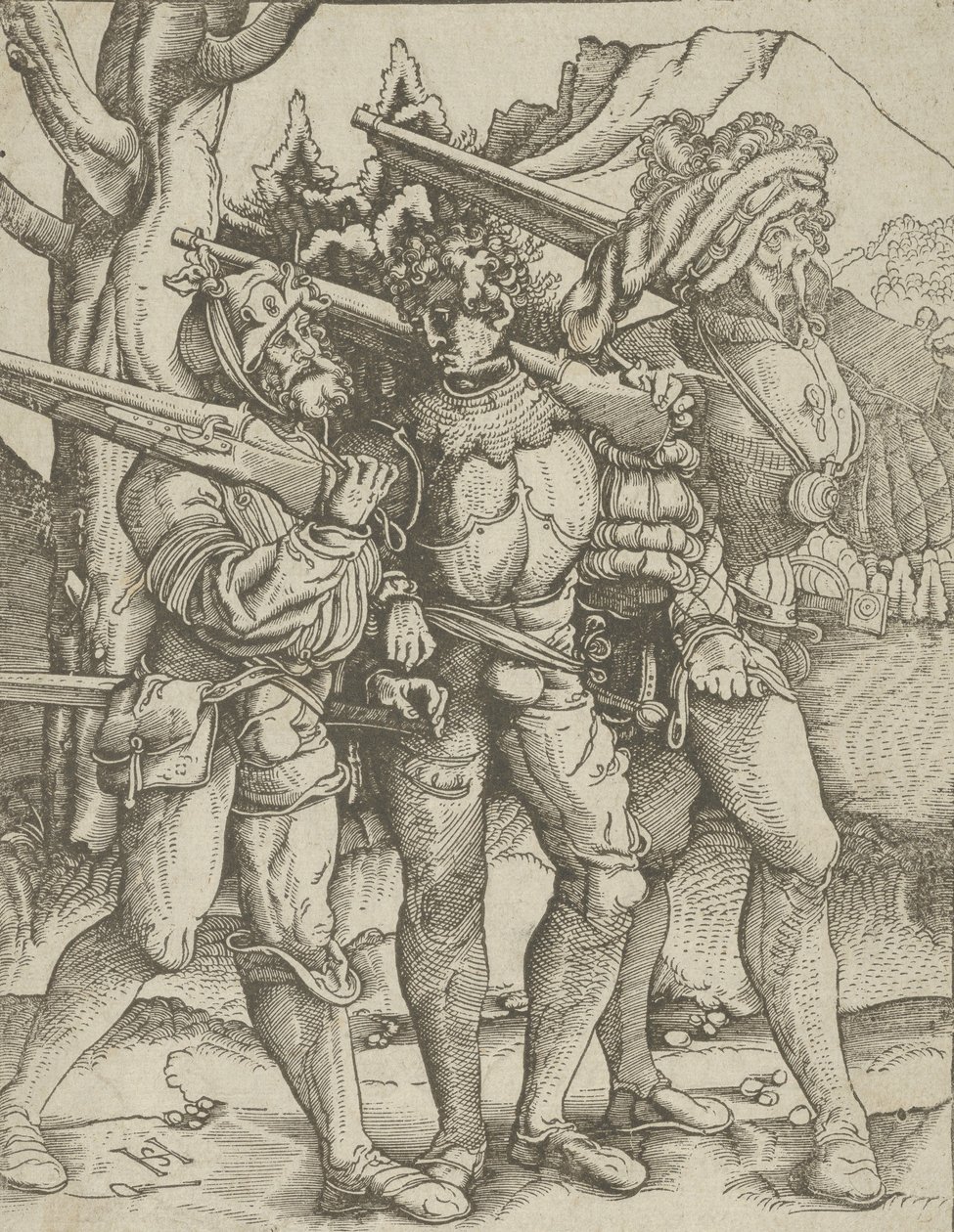 Kolme sotilasta muskettien kanssa, n. 1511-15. tekijältä Hans Schäufelein the Elder