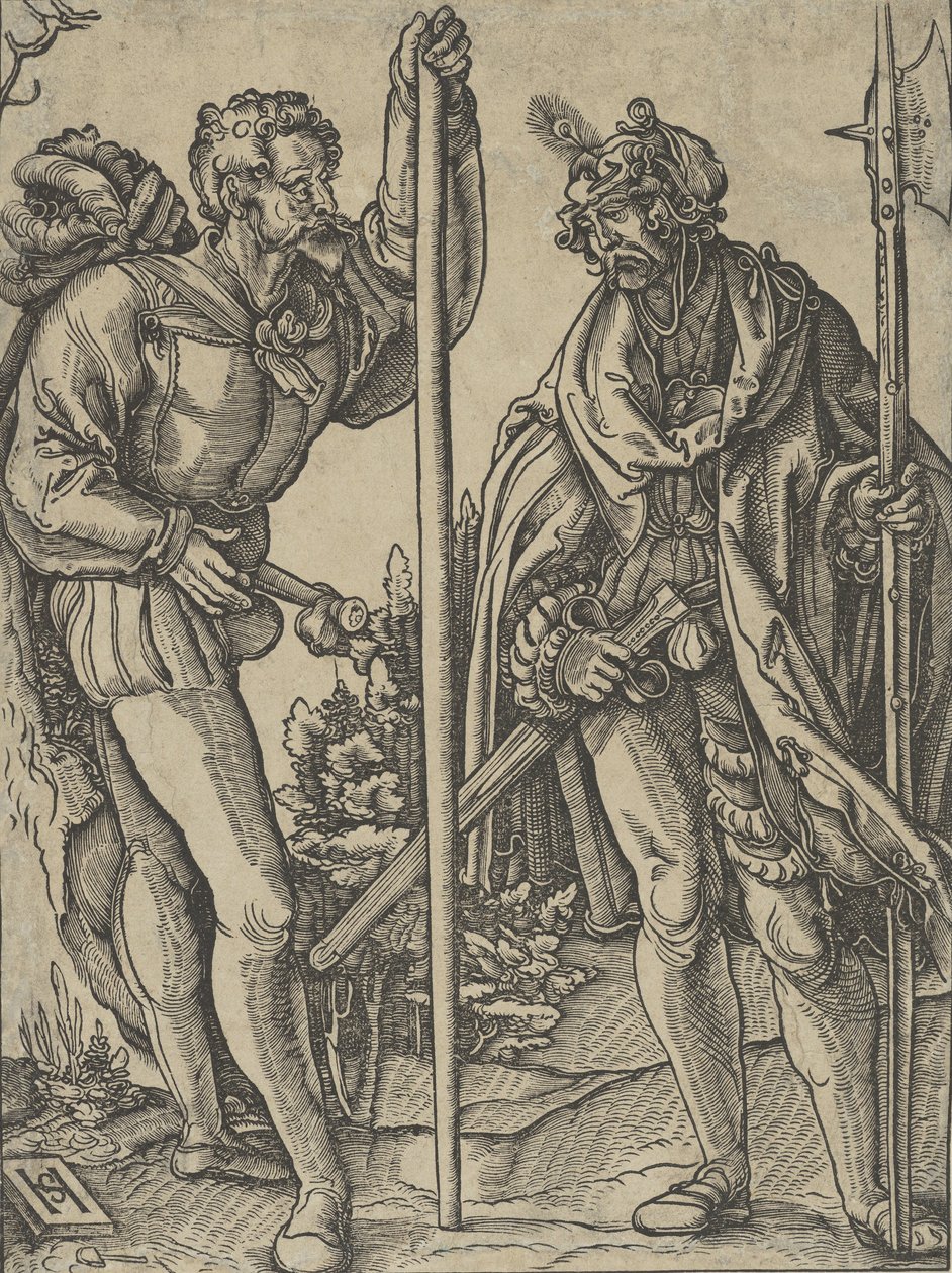 Kaksi sotilasta Lancen ja Halberdin kanssa keskustelemassa, n. 1515. tekijältä Hans Schäufelein the Elder
