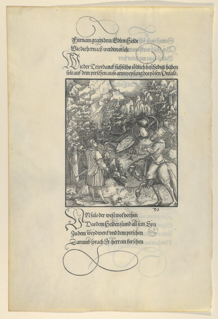 Unfalo sai Theuerdanckin putoamaan ansaan metsästyksen aikana, Theuerdanck, 1517. tekijältä Hans Schäufelein the Elder