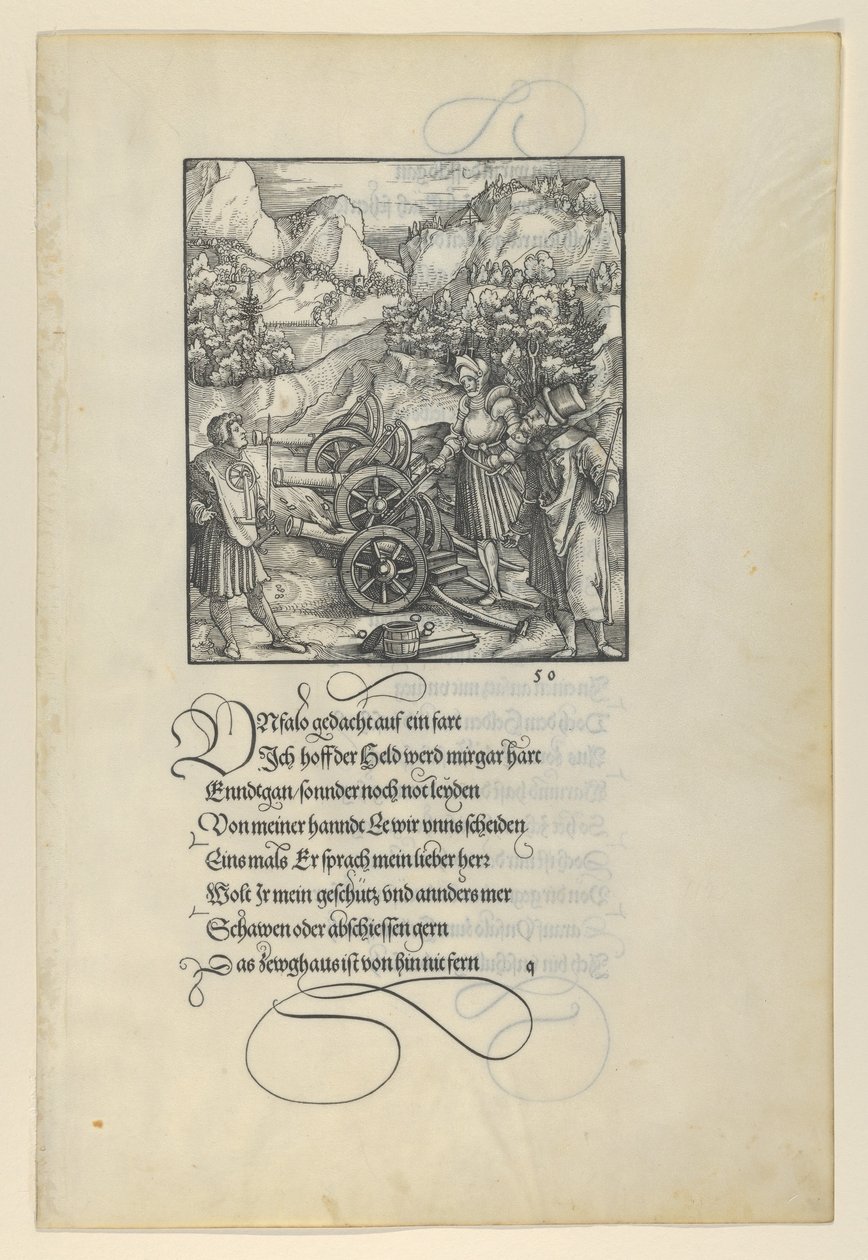 Unfalo vaarantaa Theuerdanckin, aiheuttaa kolmen tykin räjähdyksen, Theuerdan..., 1517. tekijältä Hans Schäufelein the Elder