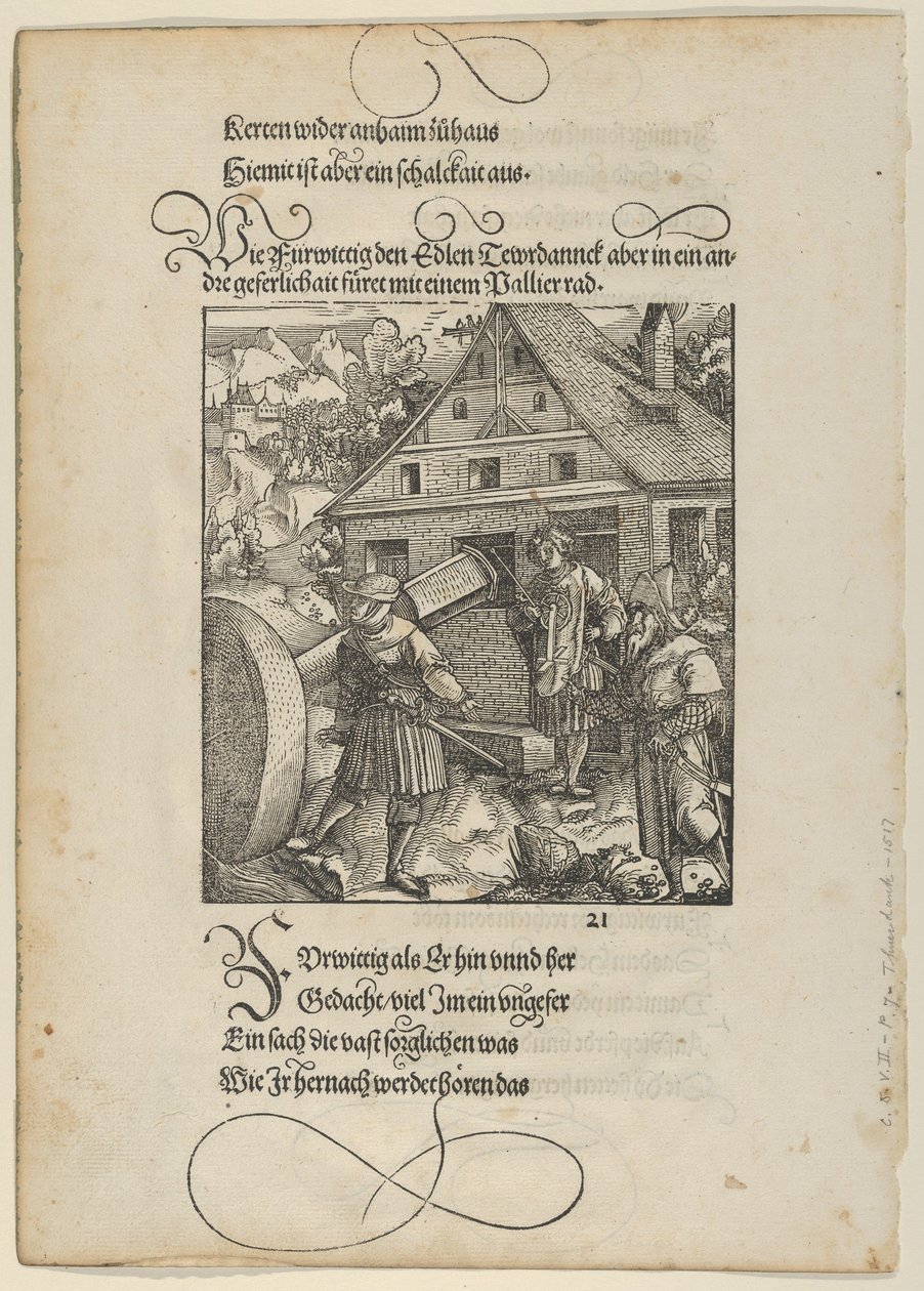 Fürwittigin kehotuksesta Theuerdanck yrittää manipuloida kiillotuskiveä Theuerdanckista,..., 1517. tekijältä Hans Schäufelein the Elder
