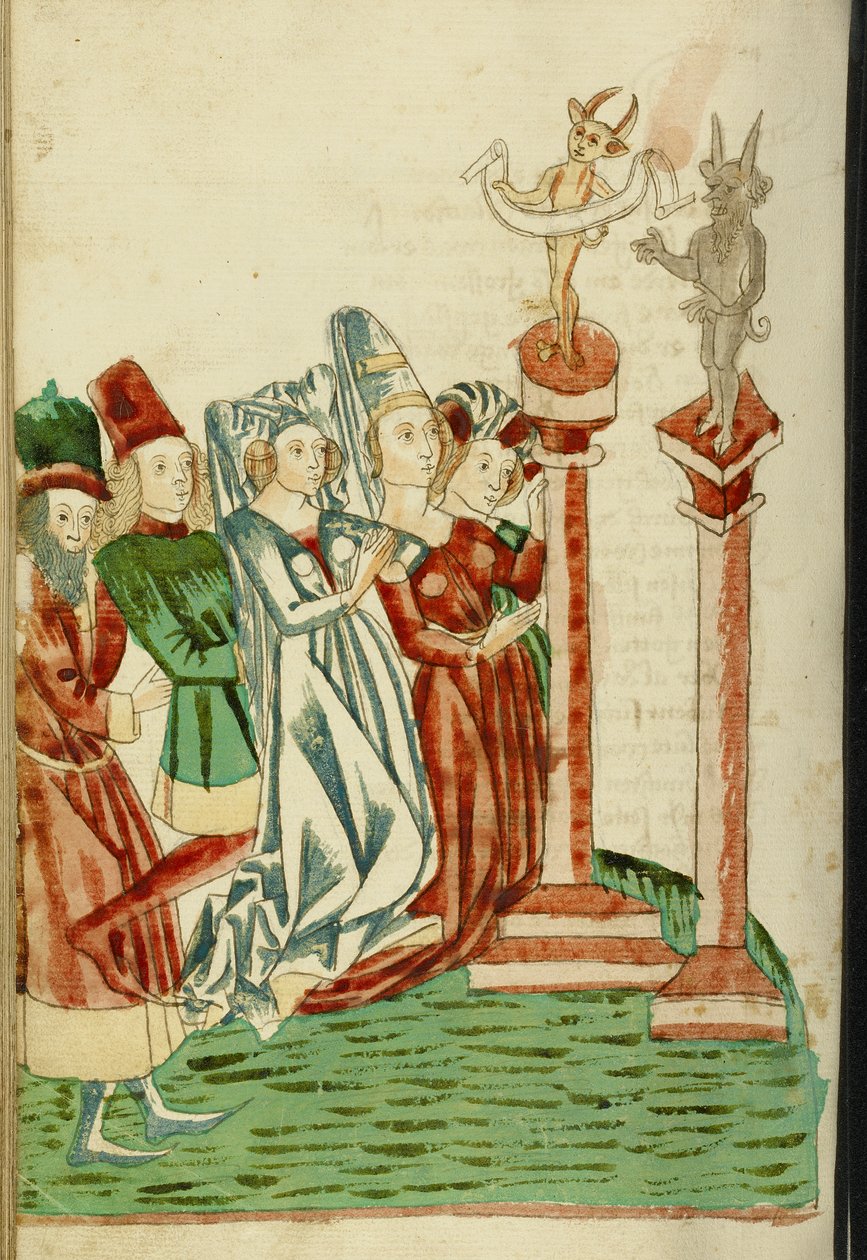 Ryhmä miehiä ja naisia palvoo kahta epäjumalaa, 1469 (muste, pesut ja tempera paperille) tekijältä Hans Schilling