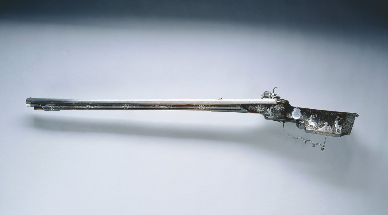 Wheel-Lock -metsästyskivääri, 1600-luvun puoliväli (teräs, lakattu puu (pähkinä), koristeltu hopealangalla ja applikaatioilla) tekijältä Hans Schmidt