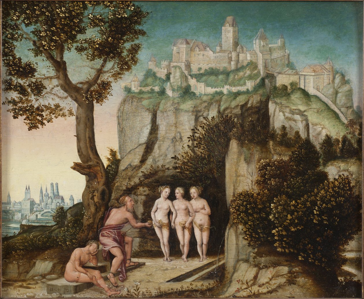 Le jugement de Paris - Pariisin tuomio, kirjoittanut Schoepfer, Hans, vanhempi (1505-1570). Öljy puulle. Mitat: 32 x 41 cm. Tukholman kansallismuseo tekijältä Hans Schoepfer