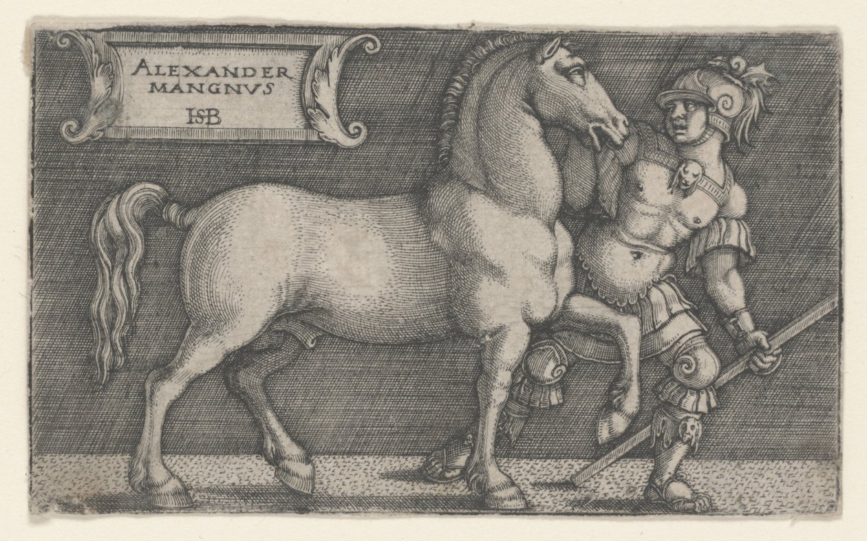 Aleksanteri Suuri johtava Bukefalus, n. 1531-1550 (kaiverrus) tekijältä Hans Sebald Beham