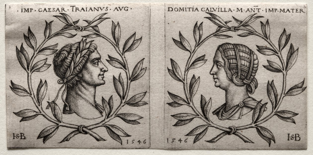 Keisari Trajanuksen ja Domitia Calvillan rintakuvat, 1546. tekijältä Hans Sebald Beham
