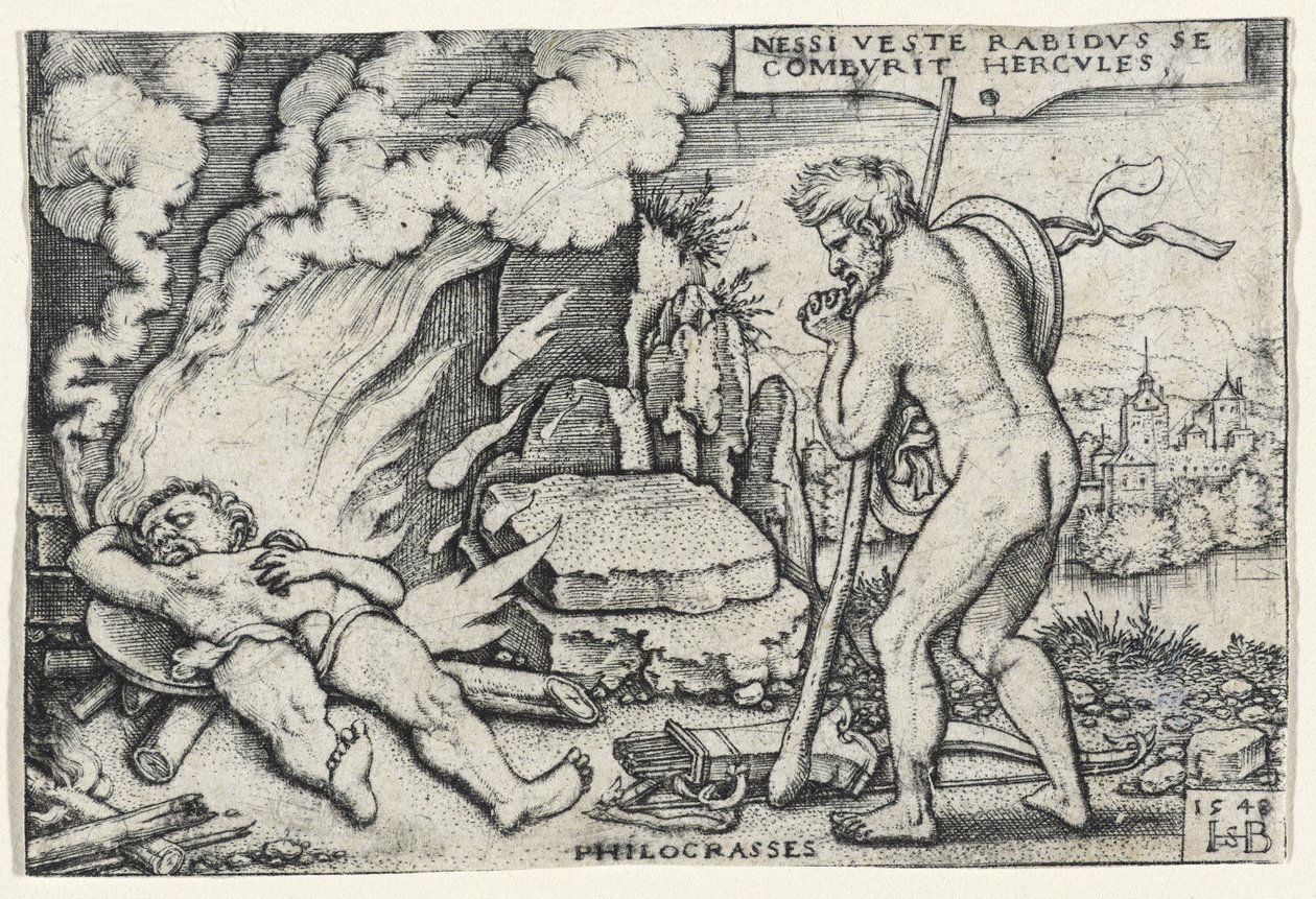 Herculesin kuolema, 1548 (kaiverrus massalevylle kiinnitetylle paperille) tekijältä Hans Sebald Beham