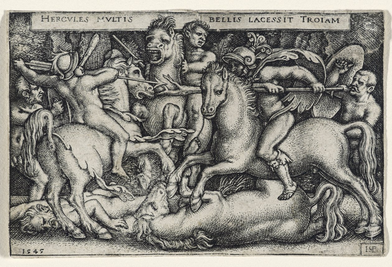 Hercules taistelee troijalaisia vastaan, 1545 (kaiverrus paperille) tekijältä Hans Sebald Beham