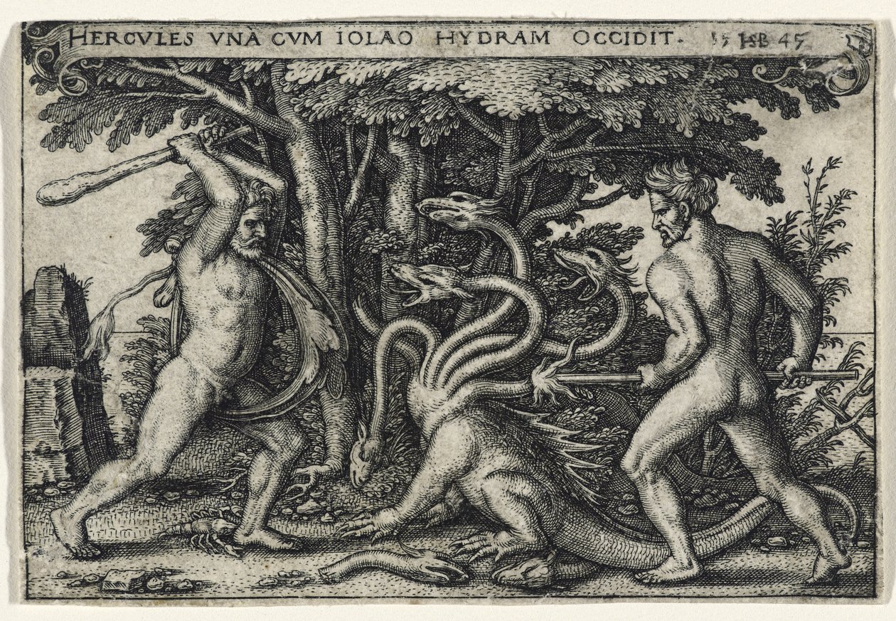 Hercules Slaying the Hydra, 1545 (kaiverrus paperille) tekijältä Hans Sebald Beham
