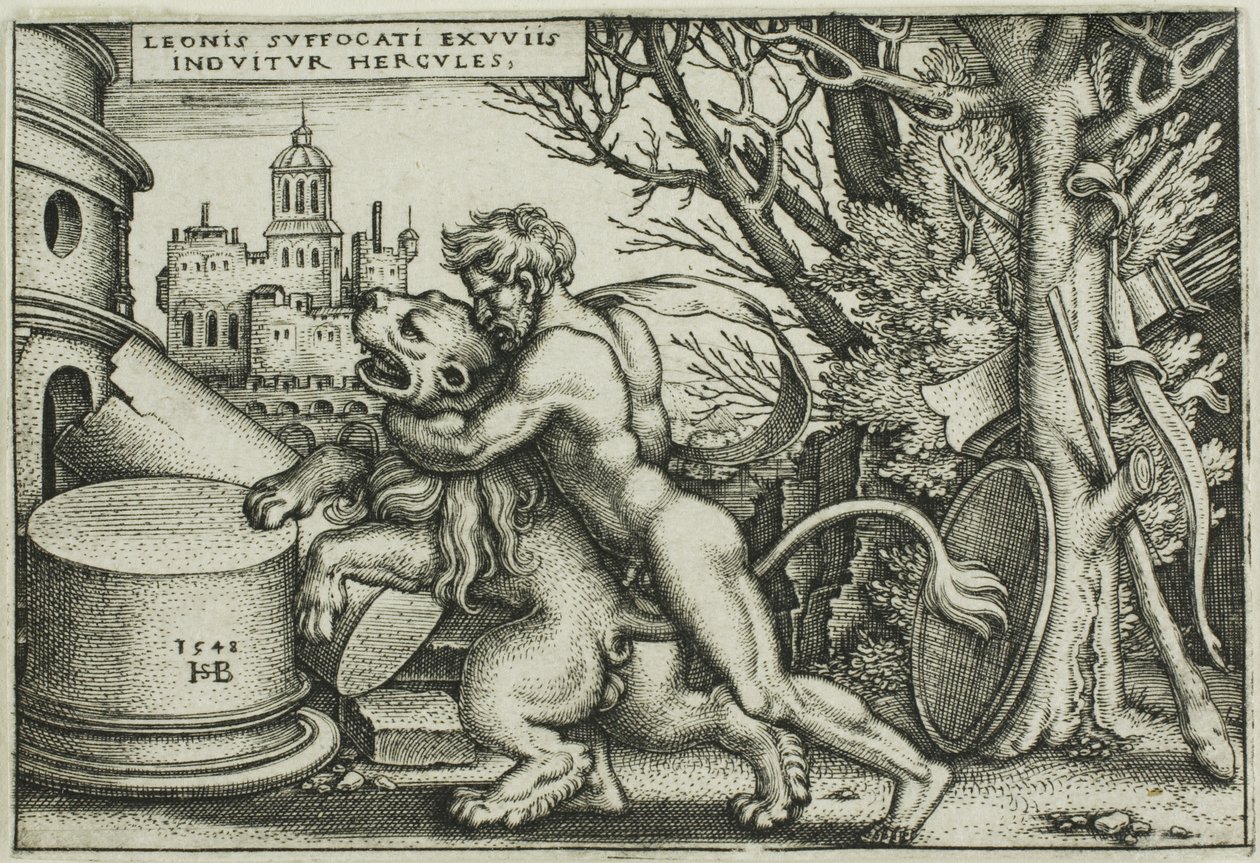 Hercules ja Nemean Lion, teoksesta The Labors of Hercules tekijältä Hans Sebald Beham