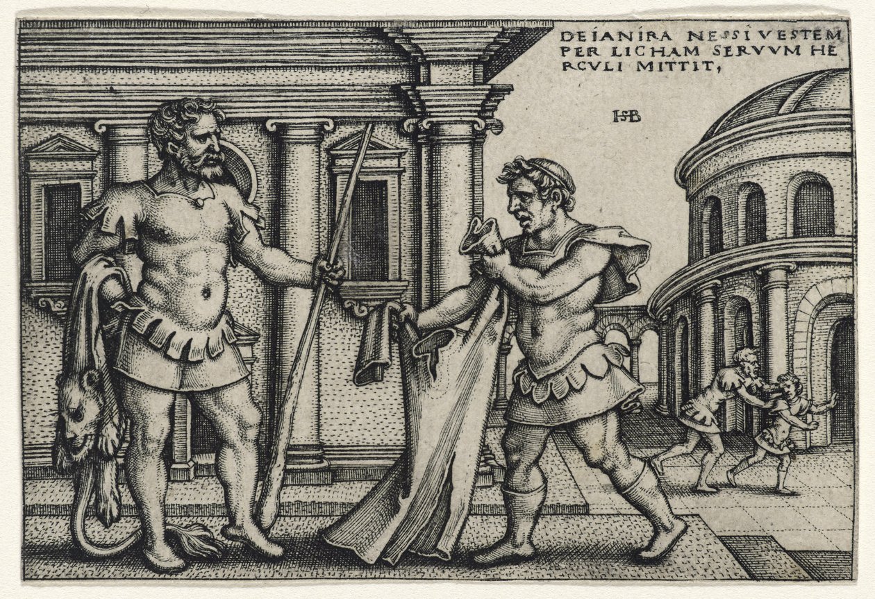 Lichas tuomassa Nessuksen vaatteen Herculesille, 1540-luku (kaiverrus taitetulle paperille) tekijältä Hans Sebald Beham