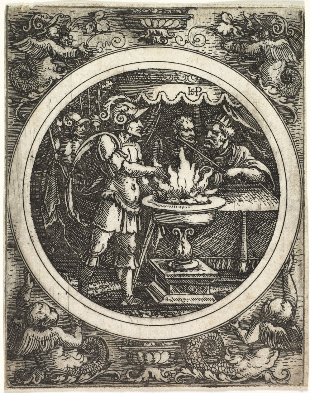 Mucius Scaevola pitelemässä kättä tulessa, n. 1520. tekijältä Hans Sebald Beham
