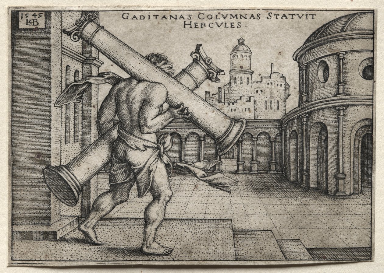 Herkuleen työt: Herkules kantamassa Gades-pylväitä, 1545. tekijältä Hans Sebald Beham