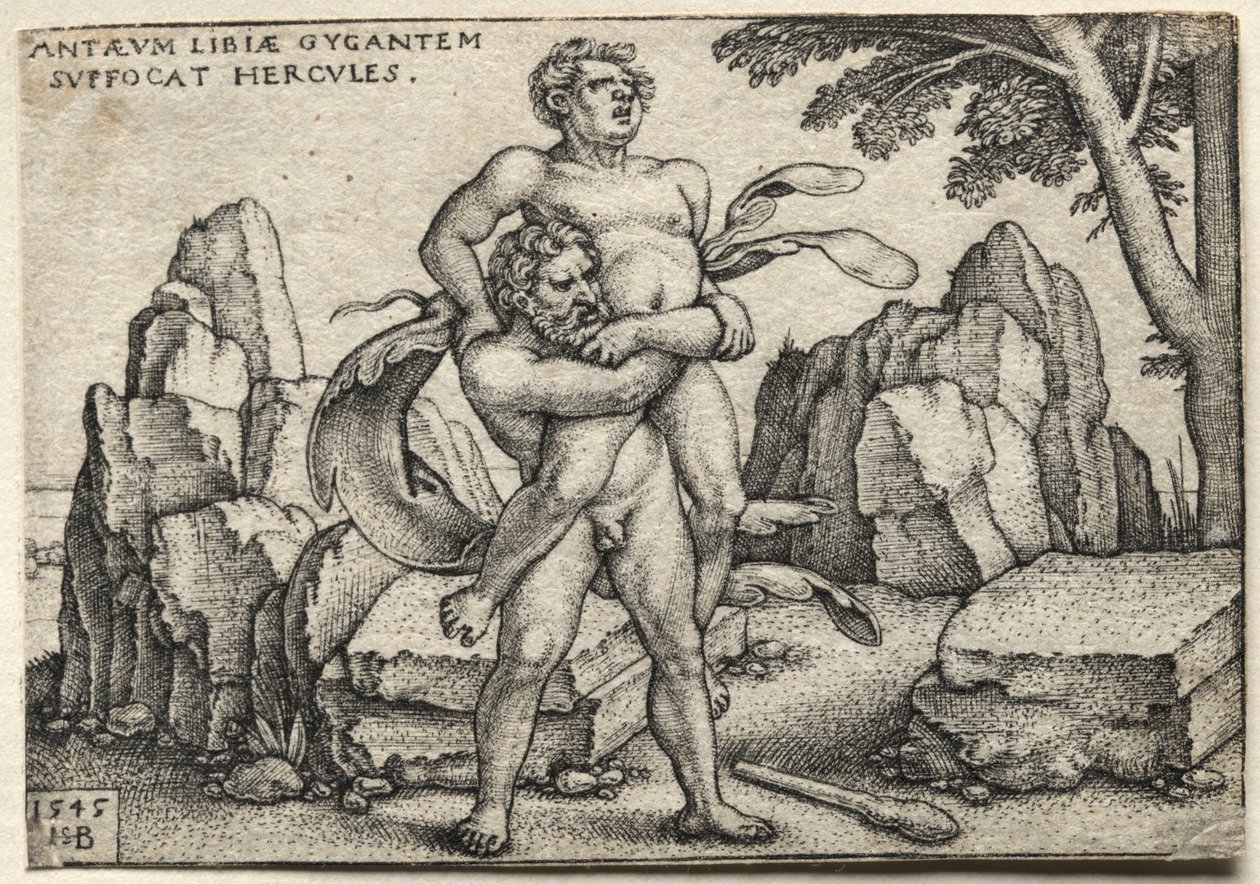 Herculesin työt: Hercules murskaamassa Antaeusta, 1545. tekijältä Hans Sebald Beham