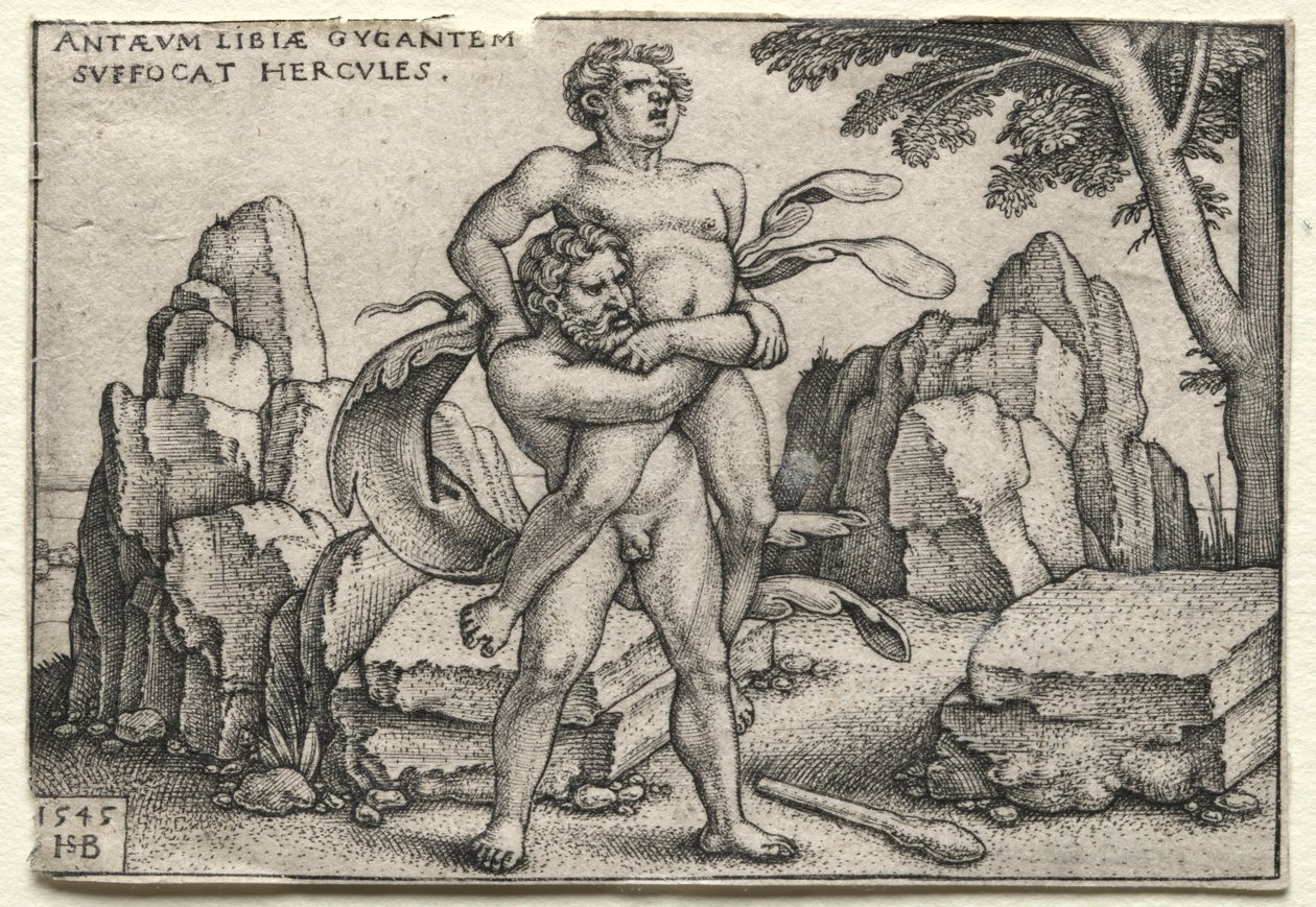 Herculesin työt: Hercules murskaamassa Antaeusta, 1545. tekijältä Hans Sebald Beham