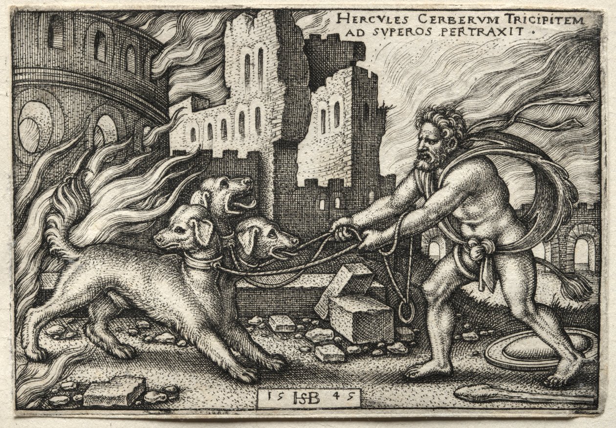 Herkuleen työt: Herkules vetää Cerberuksen alamaailmasta, 1545. tekijältä Hans Sebald Beham