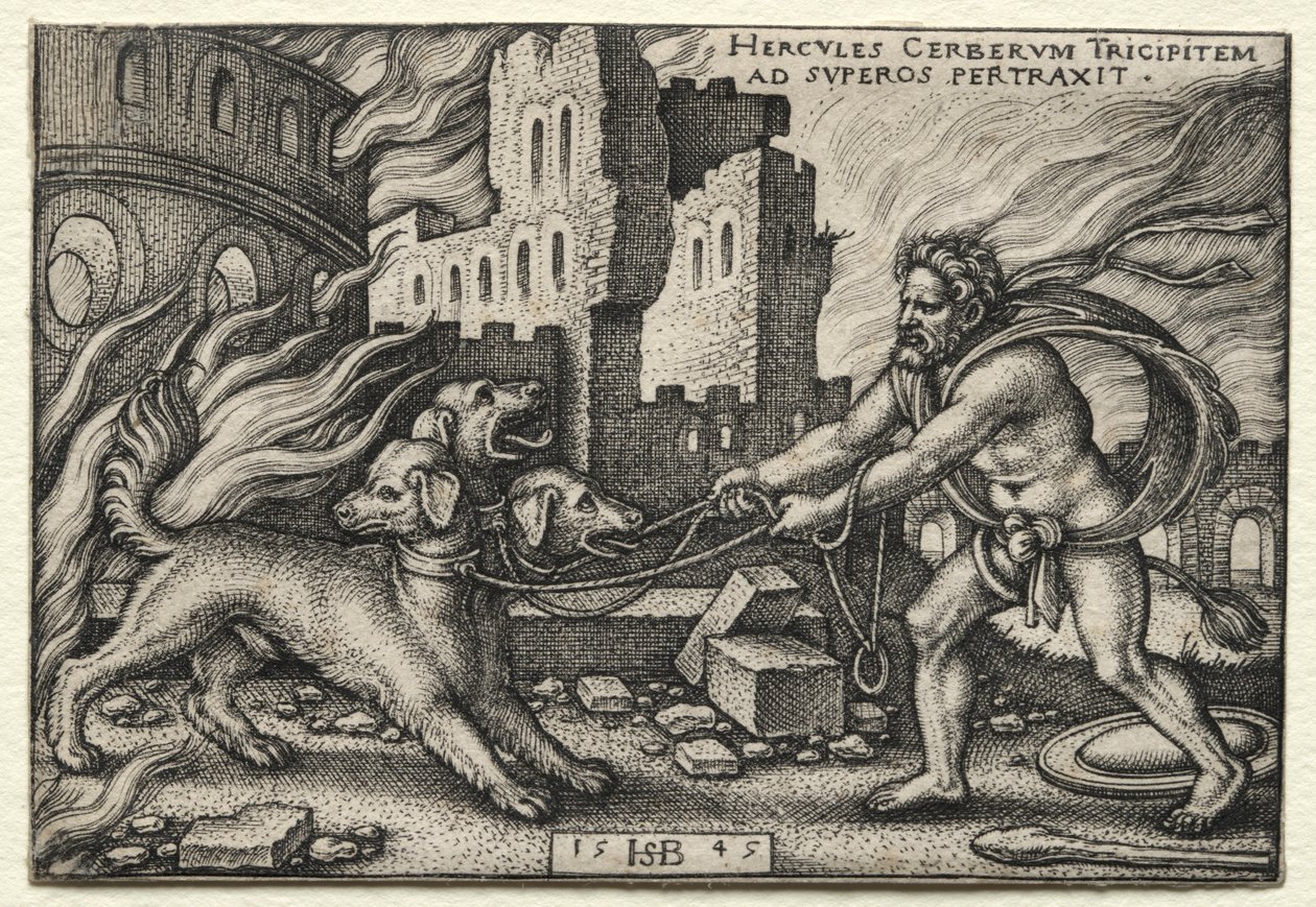 Herkuleen työt: Herkules vetää Cerberuksen alamaailmasta, 1545. tekijältä Hans Sebald Beham