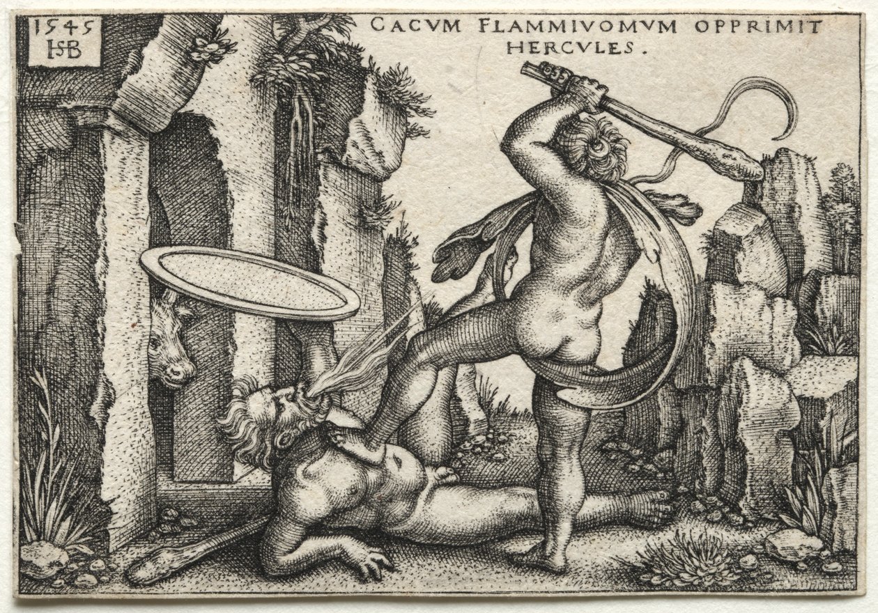 Herculesin työt: Hercules tappaa jättiläiskakuksen, 1545. tekijältä Hans Sebald Beham