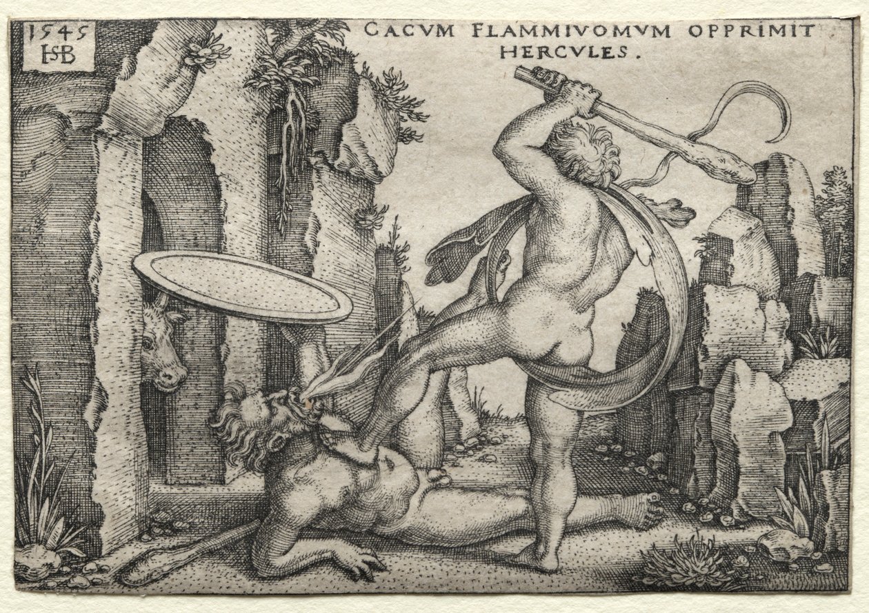 Herculesin työt: Hercules tappaa jättiläiskakuksen, 1545. tekijältä Hans Sebald Beham