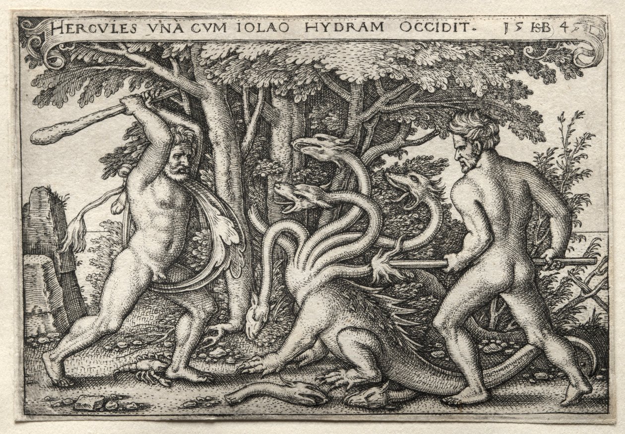 Herculesin työt: Hercules tappaa Lernean Hydran, 1545. tekijältä Hans Sebald Beham