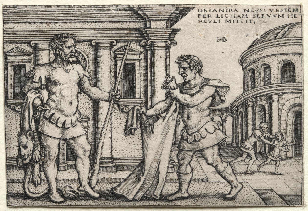 Hercules vastaanottaa Nessussin verellä kastetun vaatteen, 1542. tekijältä Hans Sebald Beham
