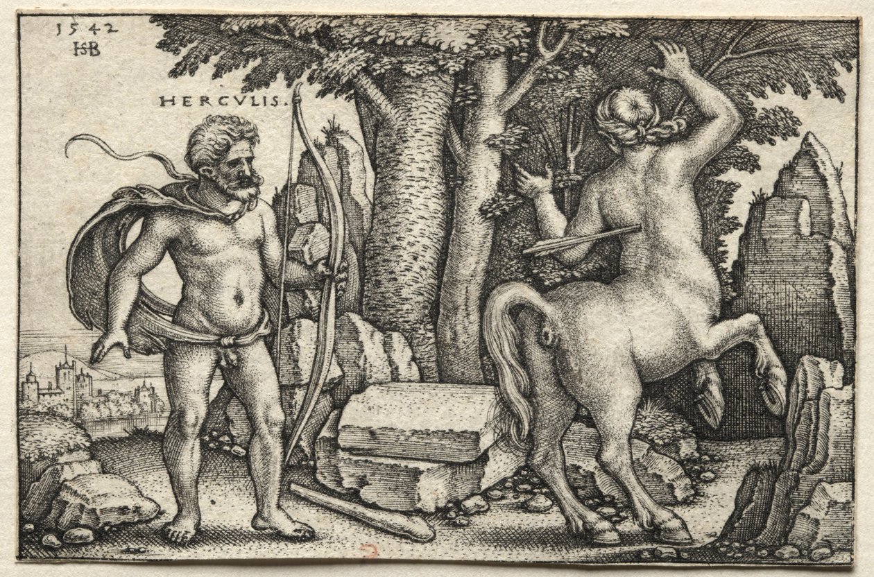 Herkuleen työt: Herkules ampui Nessuksen, 1542. tekijältä Hans Sebald Beham