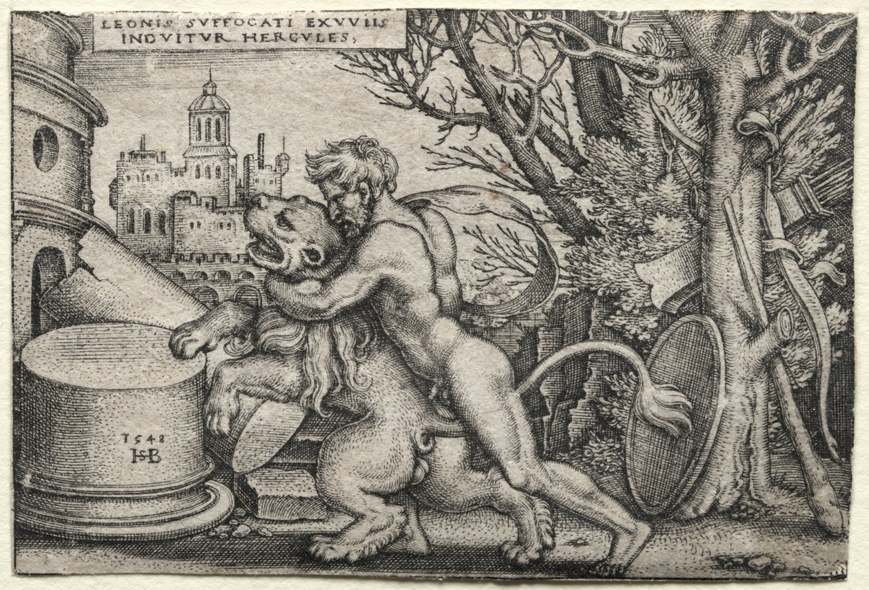 Herculesin työt: Herkules kuristaa Nemean leijonaa, 1548. tekijältä Hans Sebald Beham