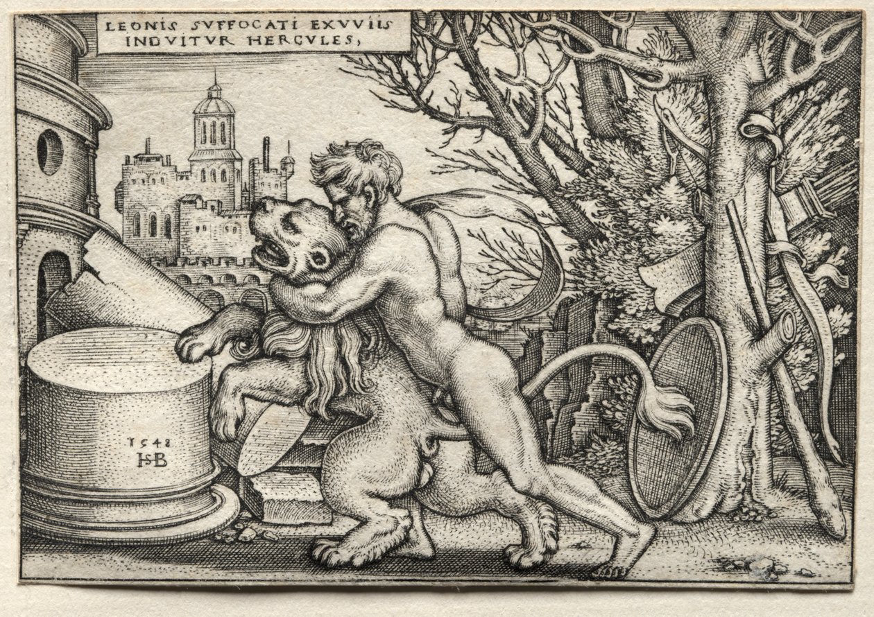 Herculesin työt: Herkules kuristaa Nemean leijonaa, 1548. tekijältä Hans Sebald Beham
