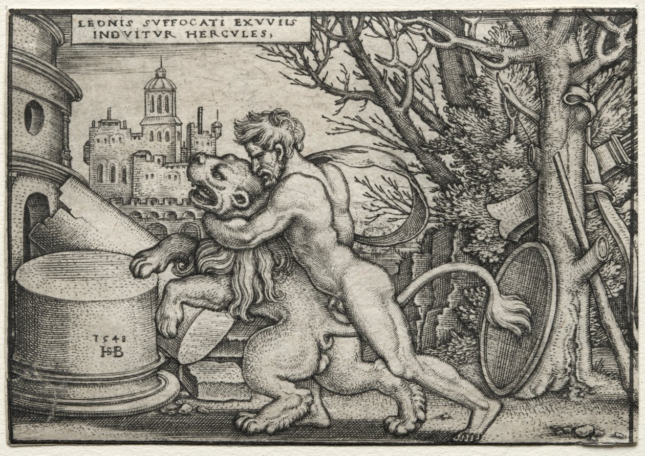 Herculesin työt: Herkules kuristaa Nemean leijonaa, 1548. tekijältä Hans Sebald Beham