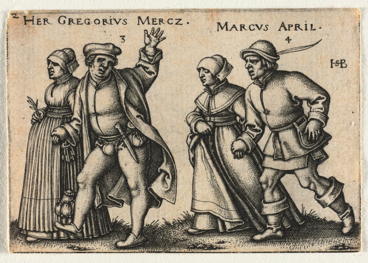 Talonpojan häät tai kaksitoista kuukautta: 3-Her Gregorius Mercz 4-Marcus April tekijältä Hans Sebald Beham