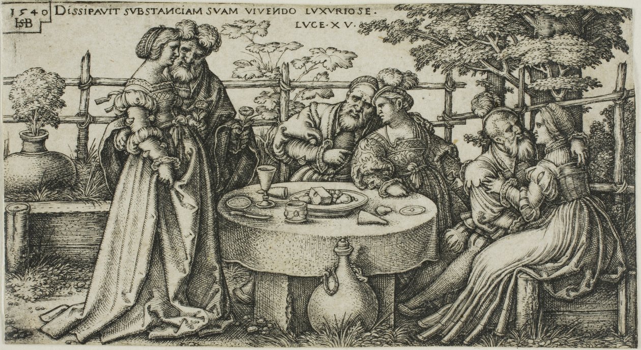Tuhlaajapoika tuhlaamassa omaisuuttaan, levy kaksi julkaisusta The History of the Prodigal Son tekijältä Hans Sebald Beham