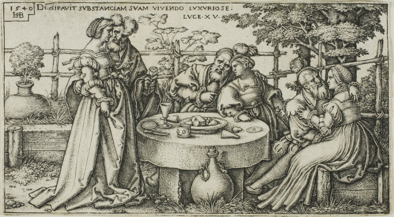 Tuhlaajapoika tuhlaamassa omaisuuttaan, levy kaksi julkaisusta The History of the Prodigal Son tekijältä Hans Sebald Beham