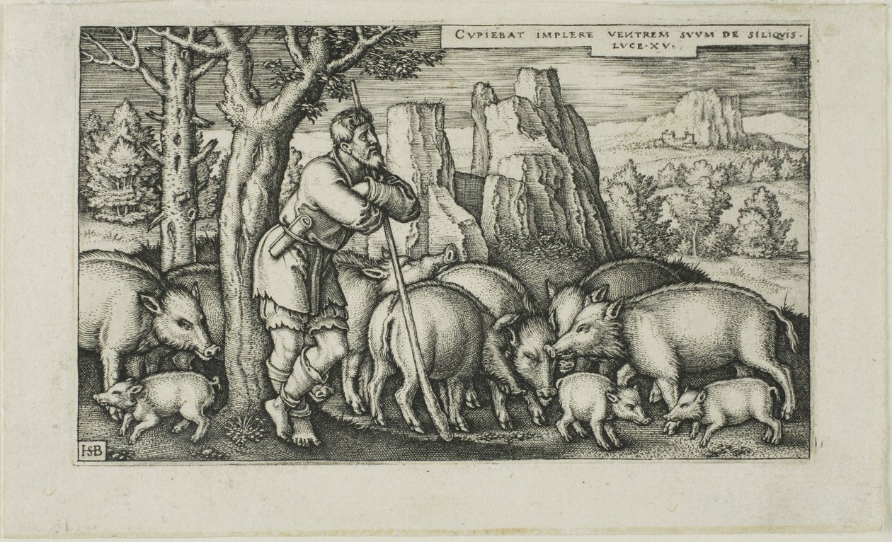 Tuhlaajapoika sian kanssa, levy kolme julkaisusta The History of the Prodigal Son tekijältä Hans Sebald Beham