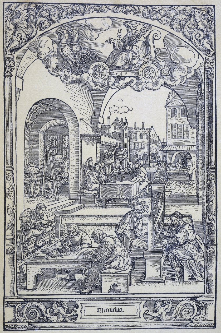 Merkuriusplaneetta ja taiteilijat, tutkijat ja teknikot, c1535 (kaiverrus) tekijältä Hans Sebald Beham