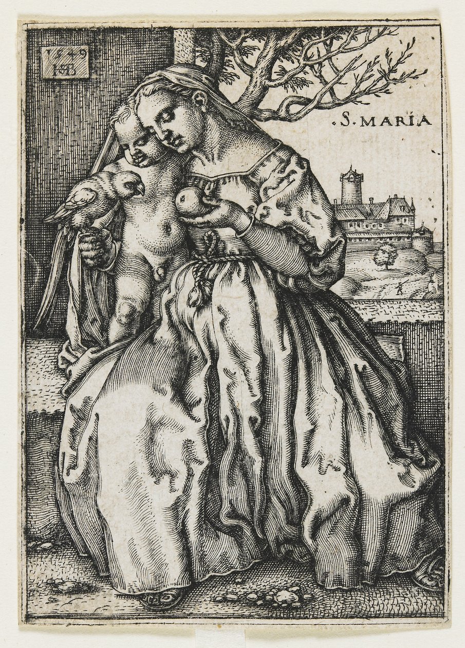 Neitsyt ja lapsi papukaijan kanssa, 1549 tekijältä Hans Sebald Beham