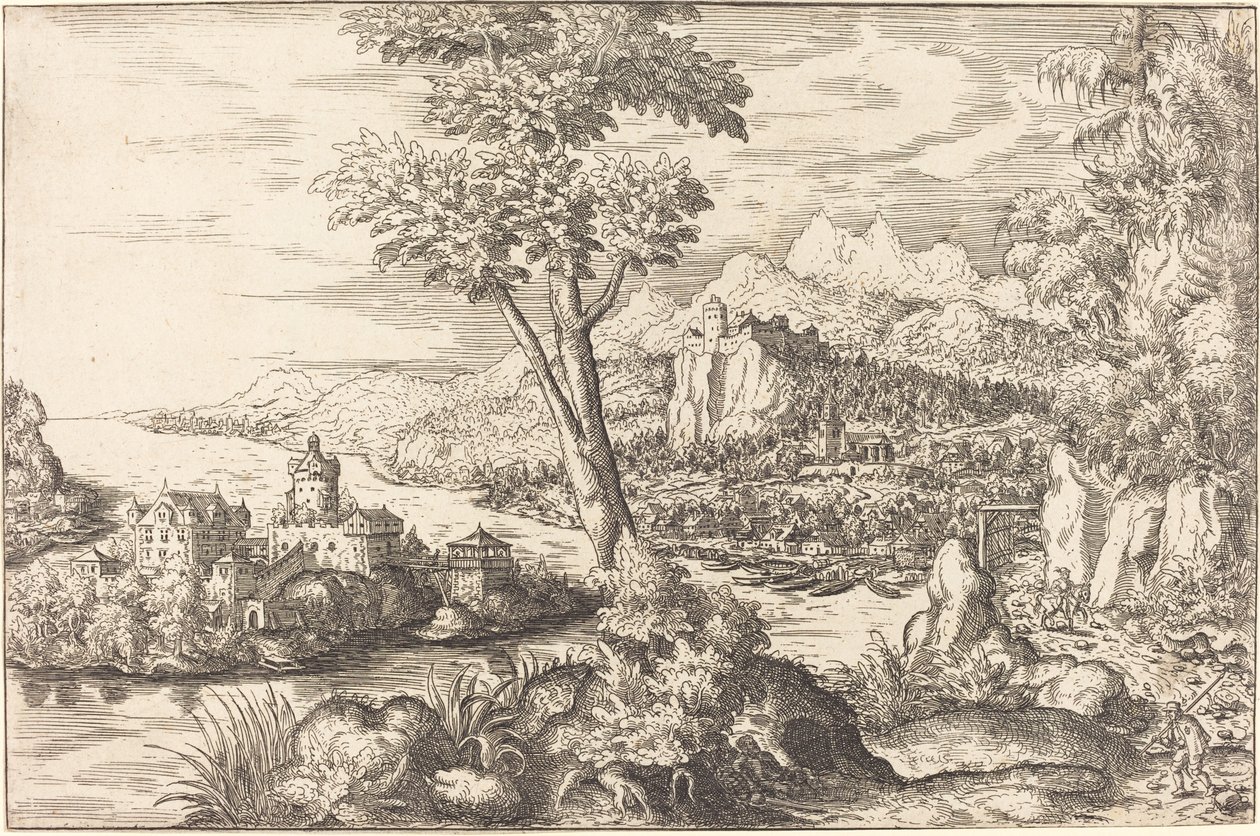 Maisema kolmen miehen kanssa, c. 15581559. tekijältä Hans Sebald Lautensack
