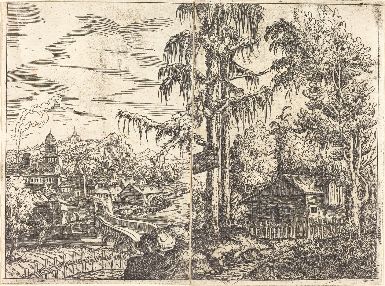 Maisema, josta on näkymät maanviljelijän mökille ja kaupunkiin lähellä jokea, 1551. tekijältä Hans Sebald Lautensack
