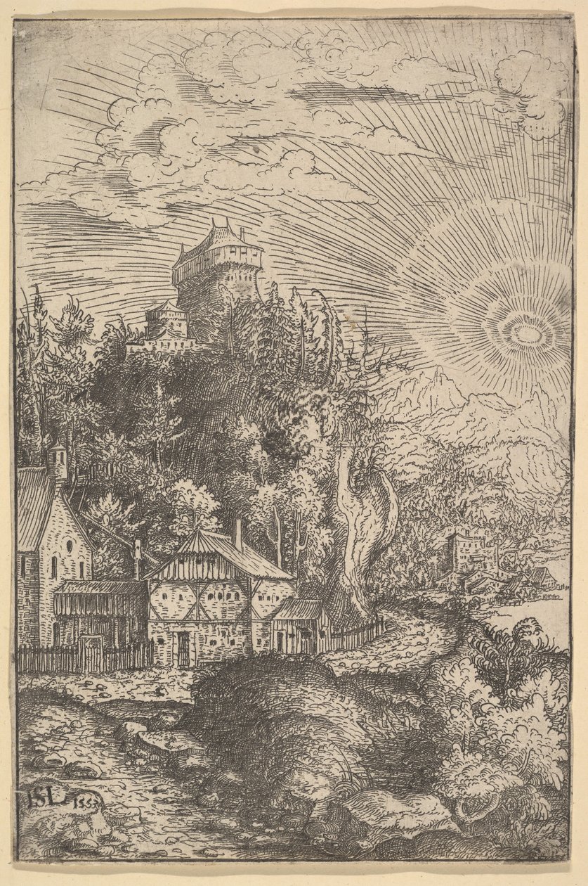 Maisema kalliolla sijaitsevalla linnalla, 1553. tekijältä Hans Sebald Lautensack