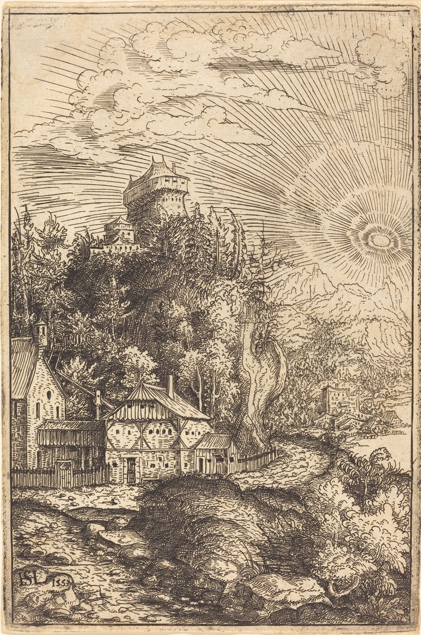 Maisema, jossa on linna ja säteilevä aurinko, 1553. tekijältä Hans Sebald Lautensack